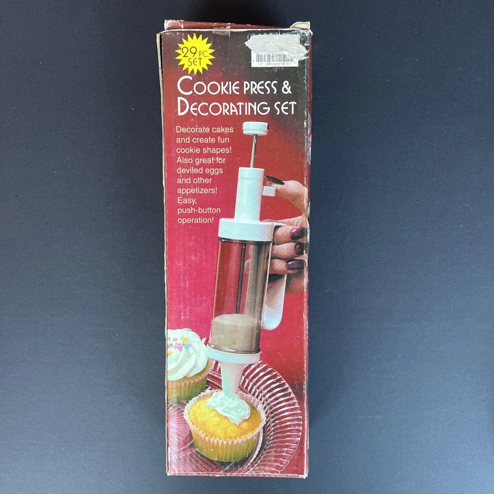 Giant 29 Piece Cookie Press & Decorating Icing Set VTG 20 Disks 6 Icing Tips NEW